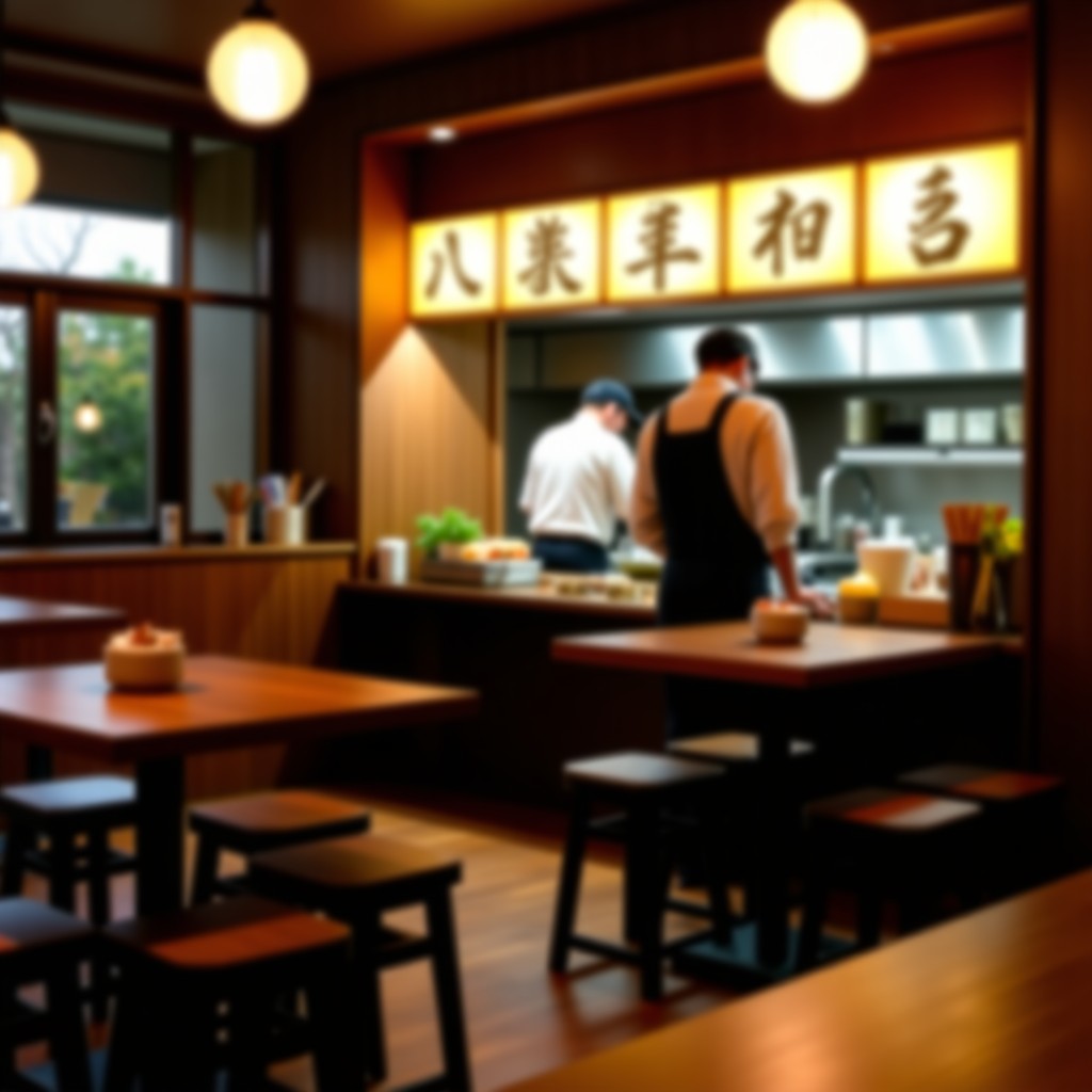 Modern and quiet izakaya interior at night, wooden furniture, warm lighting, blurred background of a professional chef at work, authentic atmosphere, 4:3