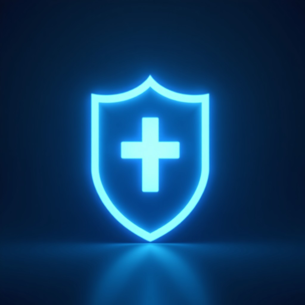 A modern shield icon representing digital safety, glowing blue and white gradient background, minimalist professional design, 4:3