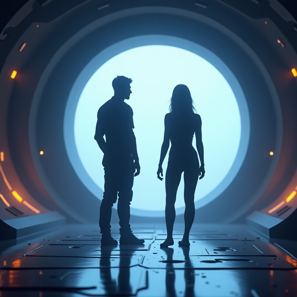 Two silhouettes of different shapes standing in a glowing, futuristic alien spacecraft interior, soft ambient lights, mystical atmosphere, highly detailed, 4:3
