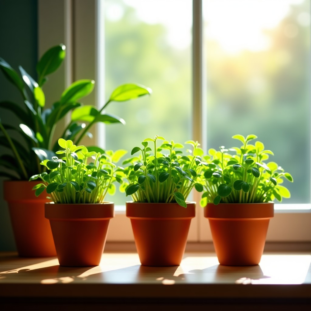 A small indoor home garden with lush green arugula plants in terracotta pots on a wooden table, soft morning sunlight, realistic, 4:3