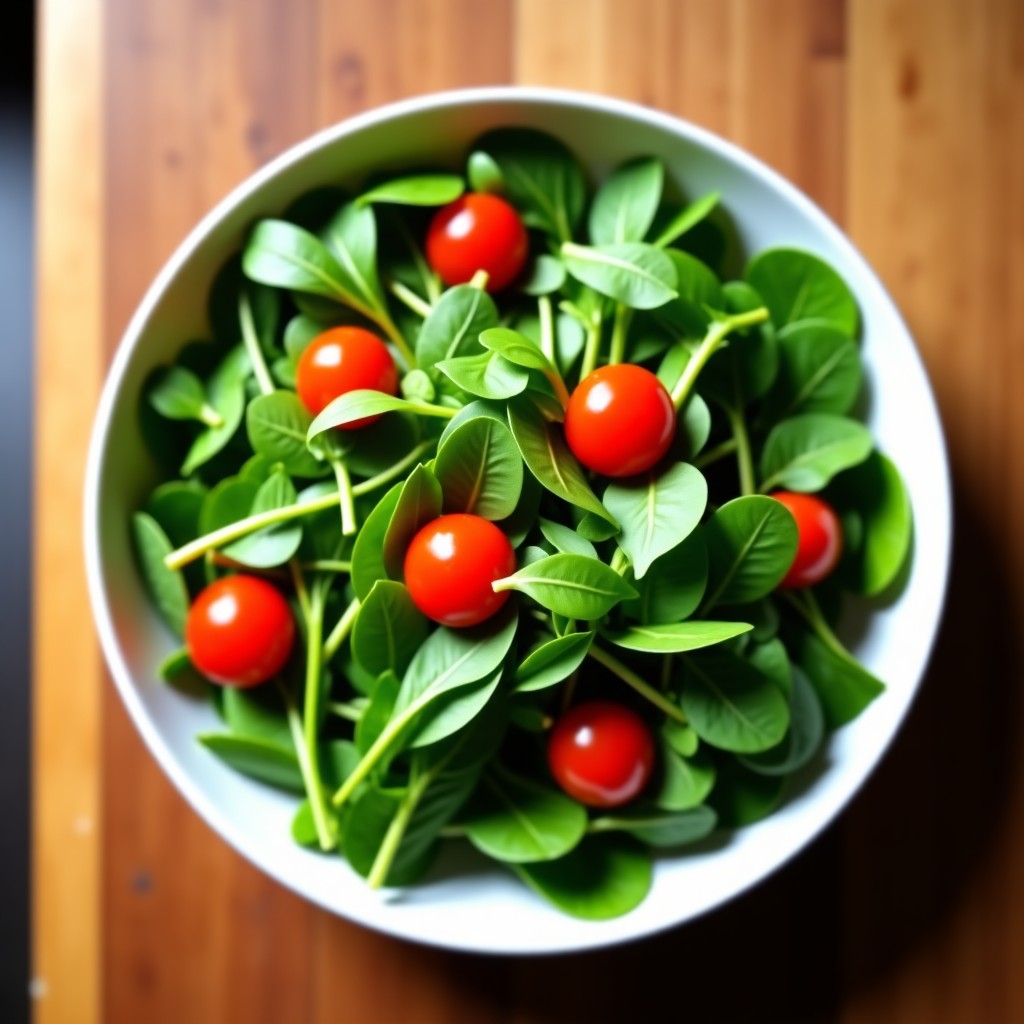 A bowl of fresh arugula salad with cherry tomatoes and olive oil on a wooden table, bright natural light, top view, 4:3
