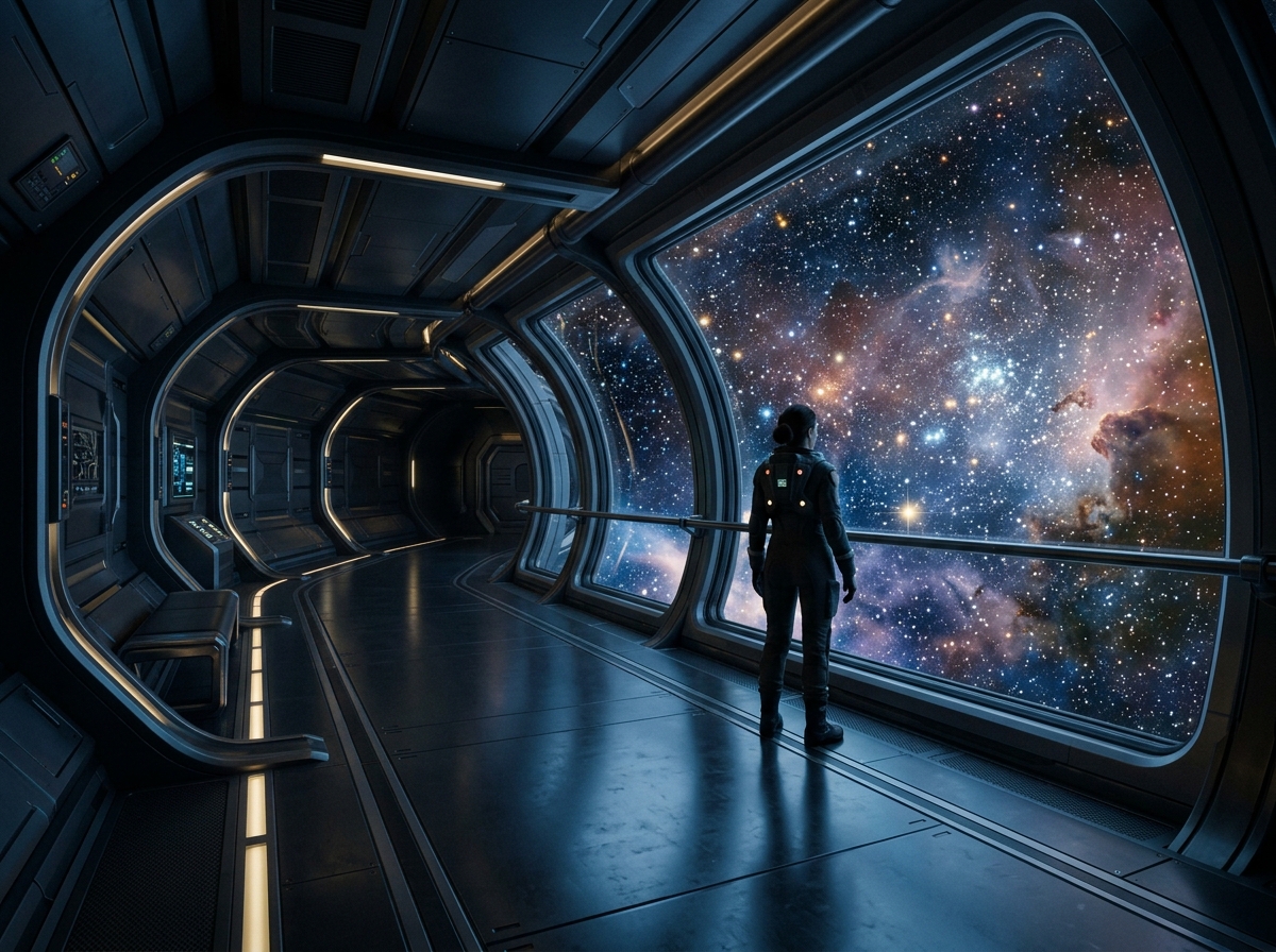 우주 항해를 끝낸 후의 고요한 우주선 내부