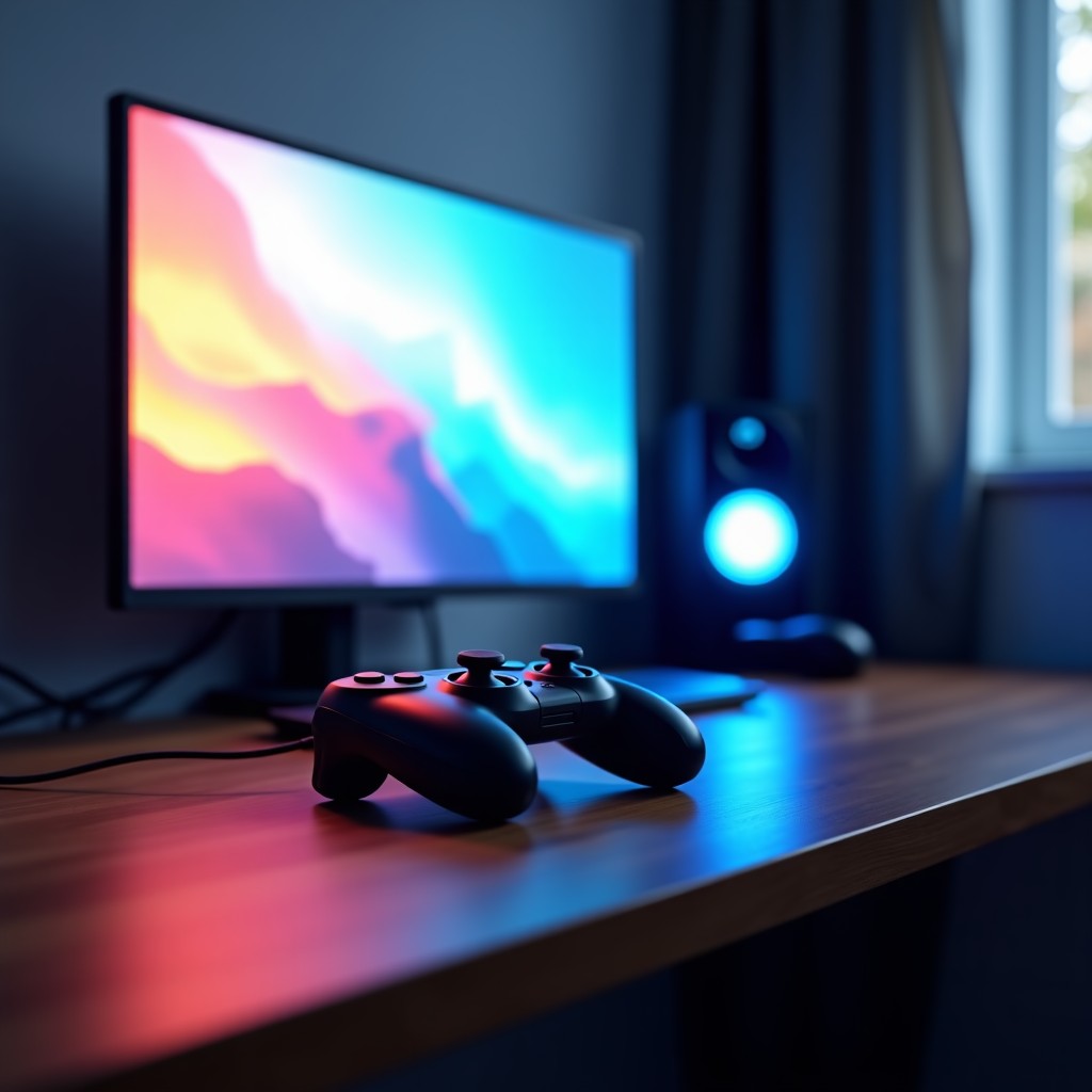 A realistic shot of a modern gaming room with a console controller on a wooden desk, soft ambient lighting, high quality, 4:3