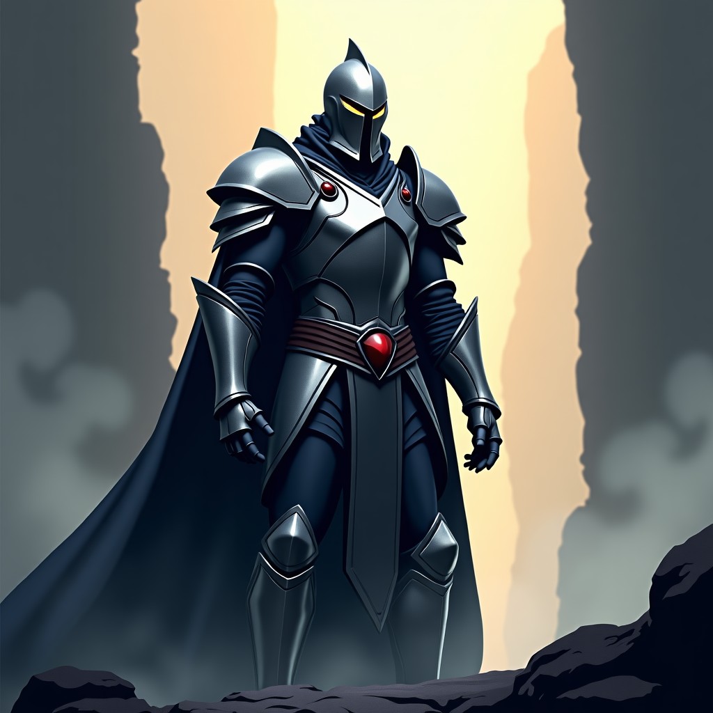 A digital illustration of a warrior in fantasy armor standing in a dramatic environment, cinematic action scene, sharp focus, 4:3
