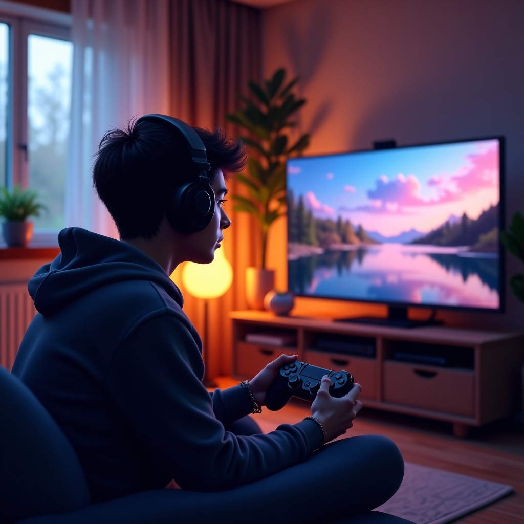 A focused person playing a video game at home with a realistic and cozy atmosphere, cinematic lighting, 4:3