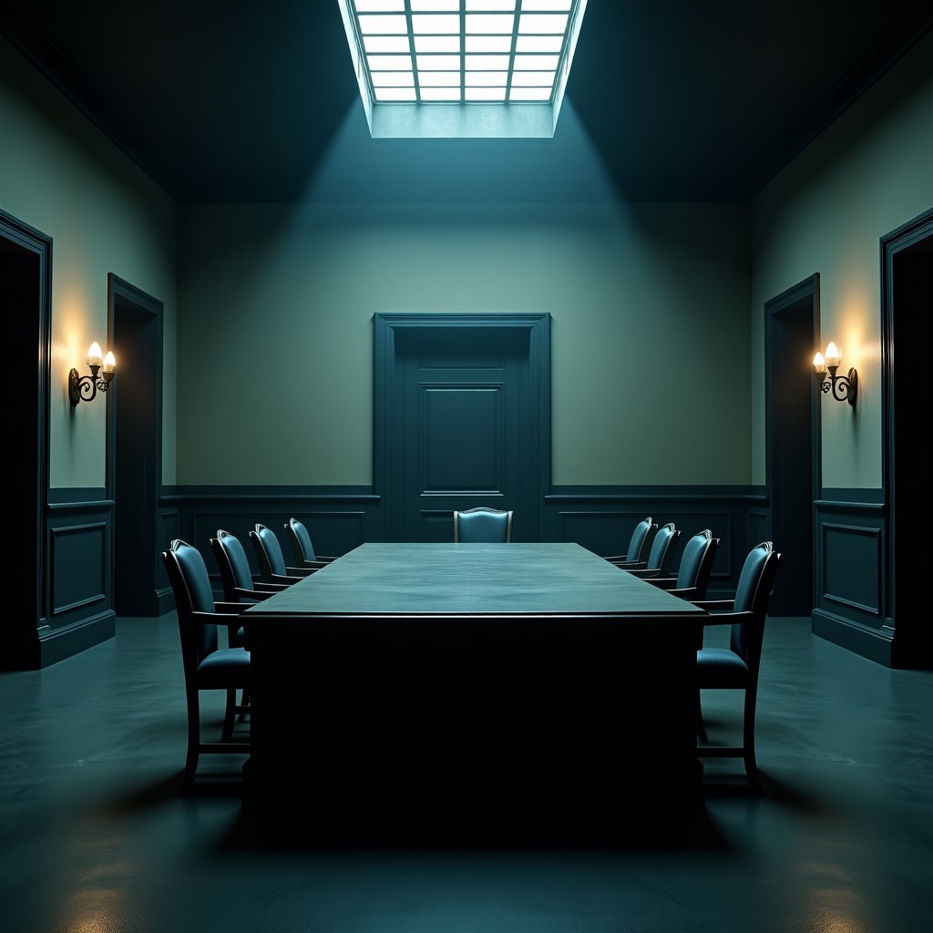 A dark, cold interior of an old government office with a large table, lonely atmosphere, dramatic lighting, detailed texture, 4:3 aspect ratio.