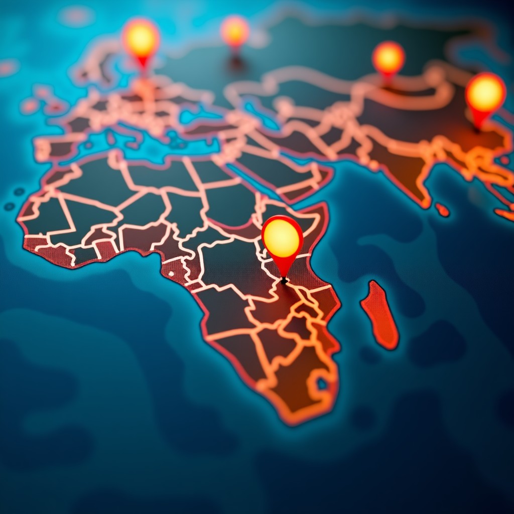 A complex geopolitical map with abstract markers, cinematic lighting, conceptual photography, high quality, 4:3 aspect ratio.