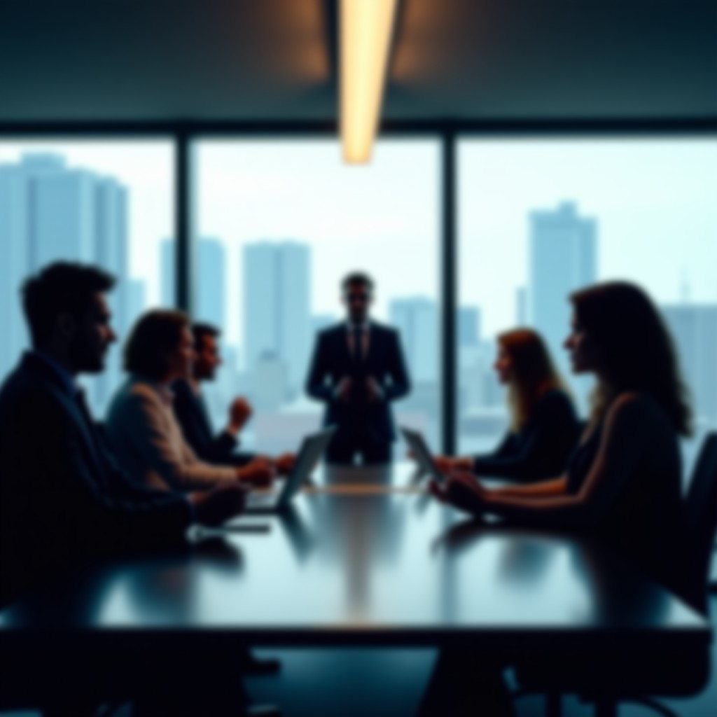 A professional and serious atmosphere in a modern meeting room with blurred silhouettes of people discussing, cinematic lighting, high quality photography, 16:9 aspect ratio.