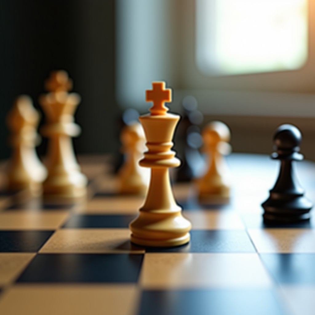 A close up shot of a chess board with focus on a queen piece, symbolising strategy and decision making, soft natural light, minimalist style, 4:3 aspect ratio.