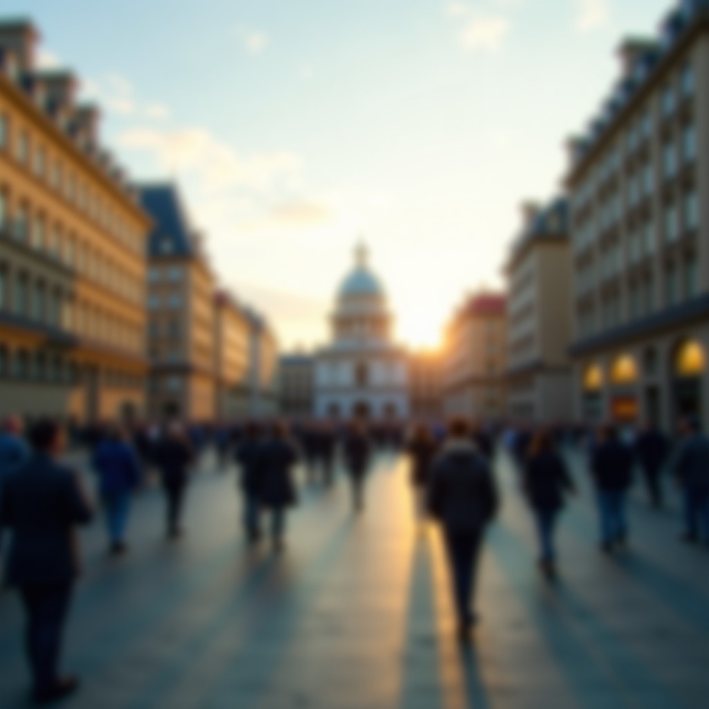 A wide angle view of an urban landscape with a blurred public square, representing the impact of politics on daily life, morning sunlight, 4:3 aspect ratio.