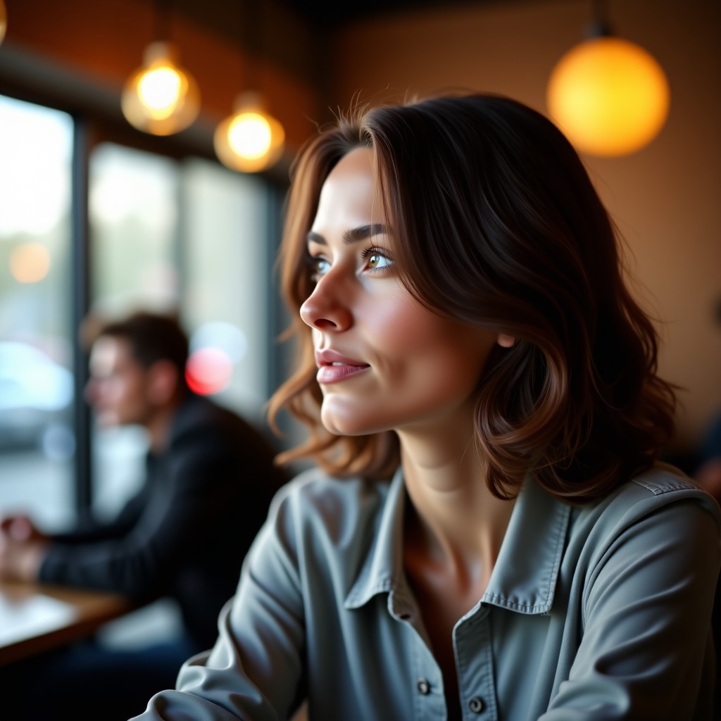 A close up shot of a person looking thoughtful in a stylish cafe, soft bokeh background, candid photography, warm color temperature, realistic, 1:1
