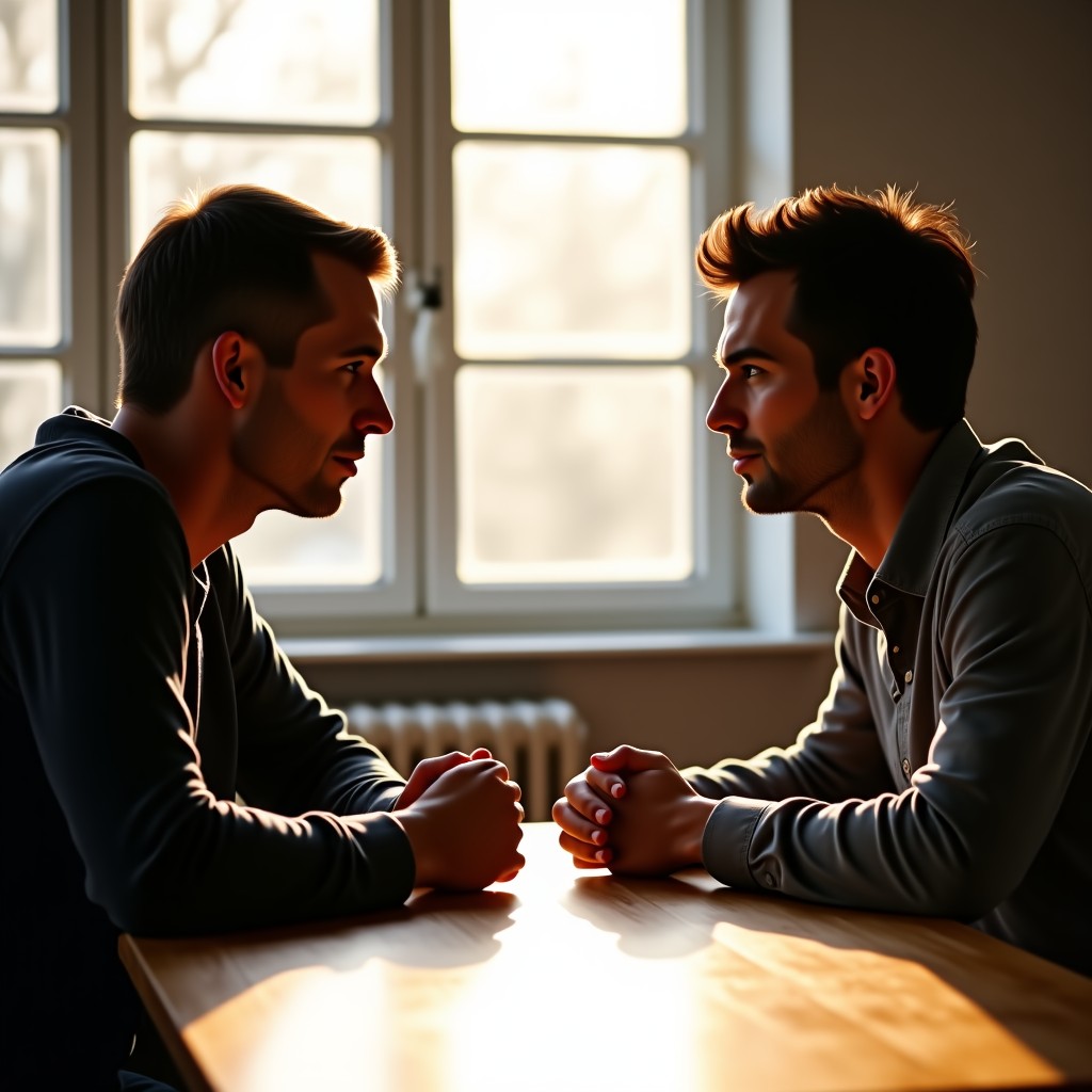 Two people engaged in a serious conversation at a wooden table, side profile, soft sunlight streaming through, high quality photography, 4:3