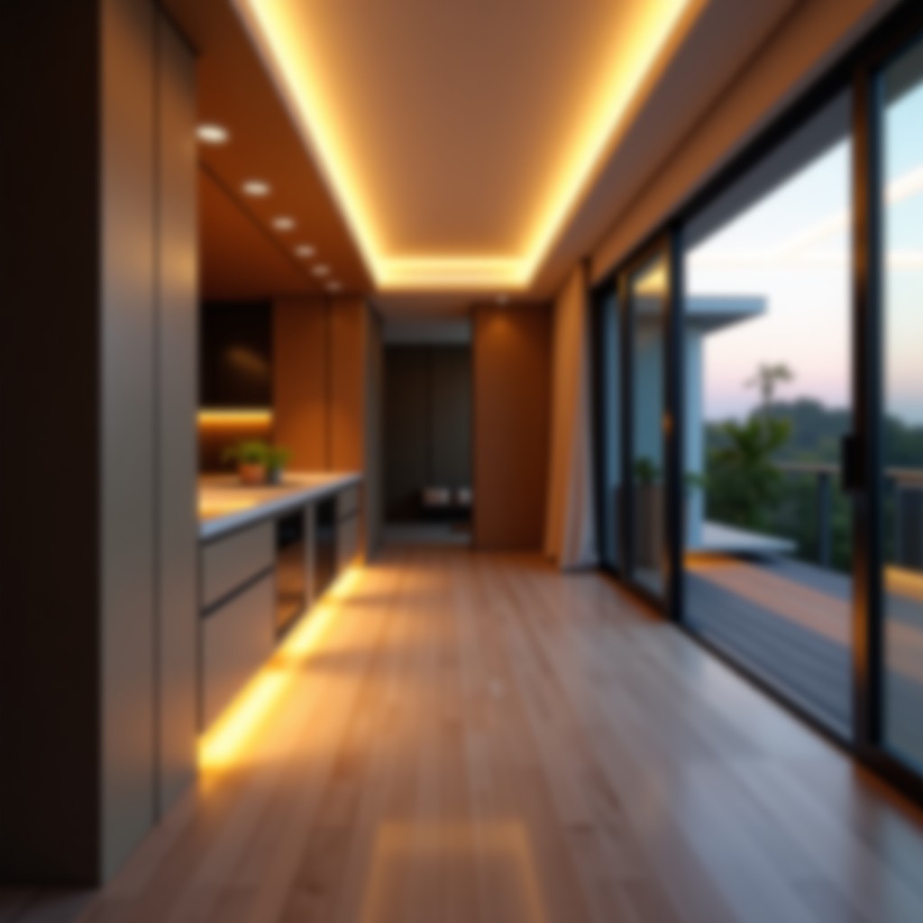 Modern interior of a luxury house with warm evening lights, aesthetic home decor, blurred background, realistic, 4:3