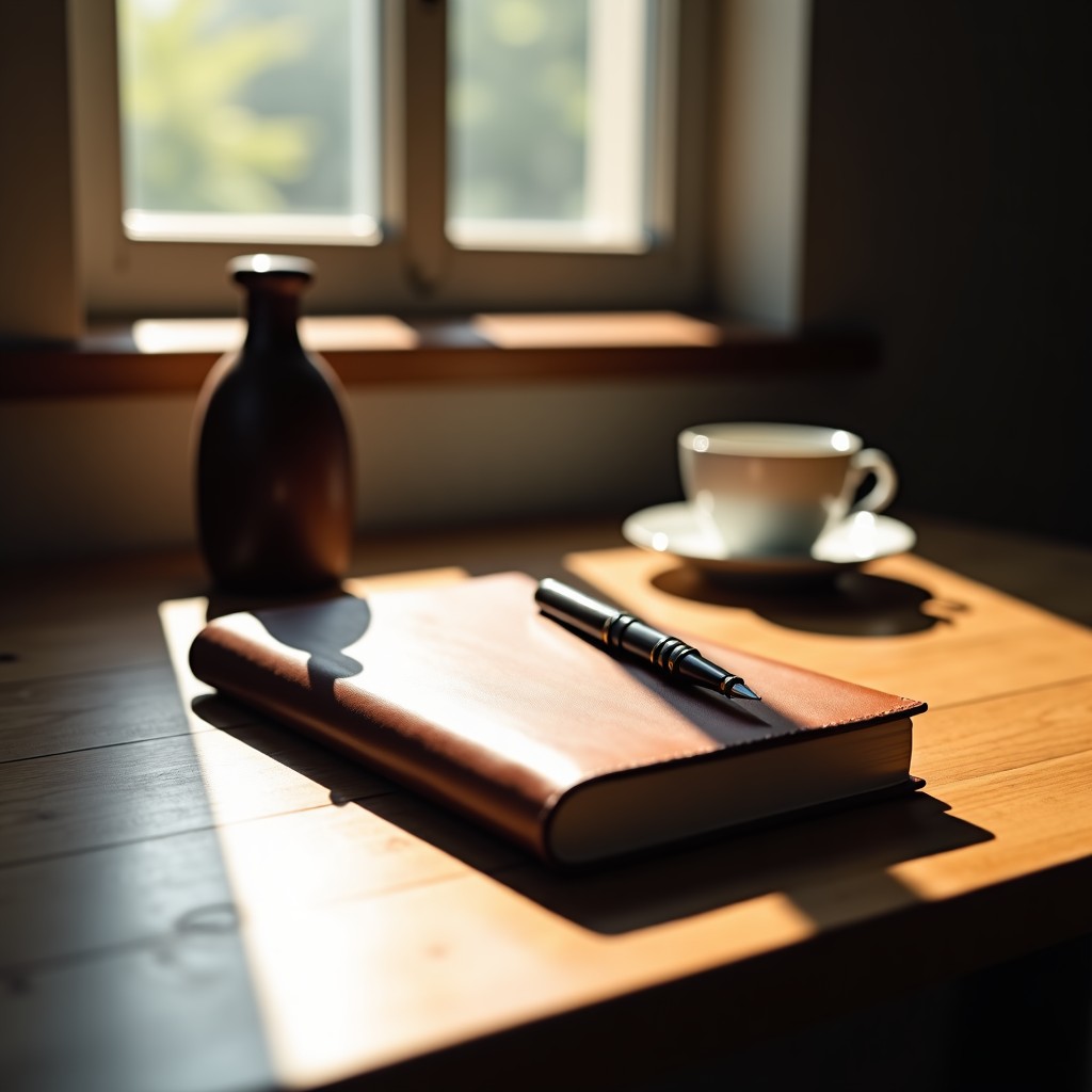 A aesthetic, minimalist wooden desk with a leather notebook and a fountain pen, soft natural morning light, cinematic, photorealistic, 4:3