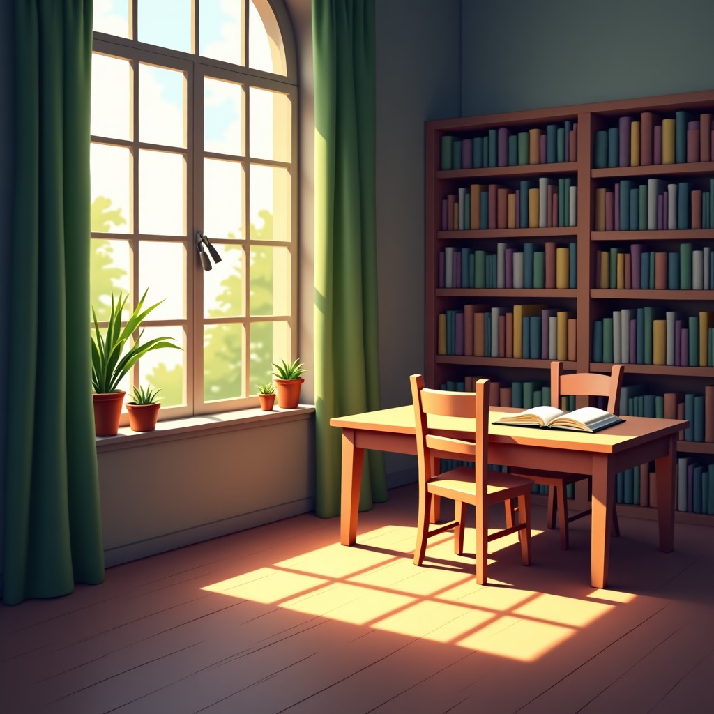A peaceful corner of a library with soft sunlight filtering through windows, books scattered on a table, realistic, tranquil atmosphere, 4:3