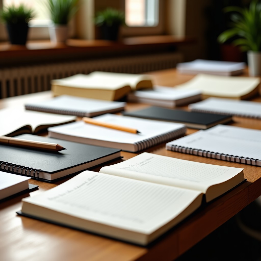 A collection of various notebooks and loose papers on a clean table, warm cozy lighting, professional photography, high resolution, 4:3