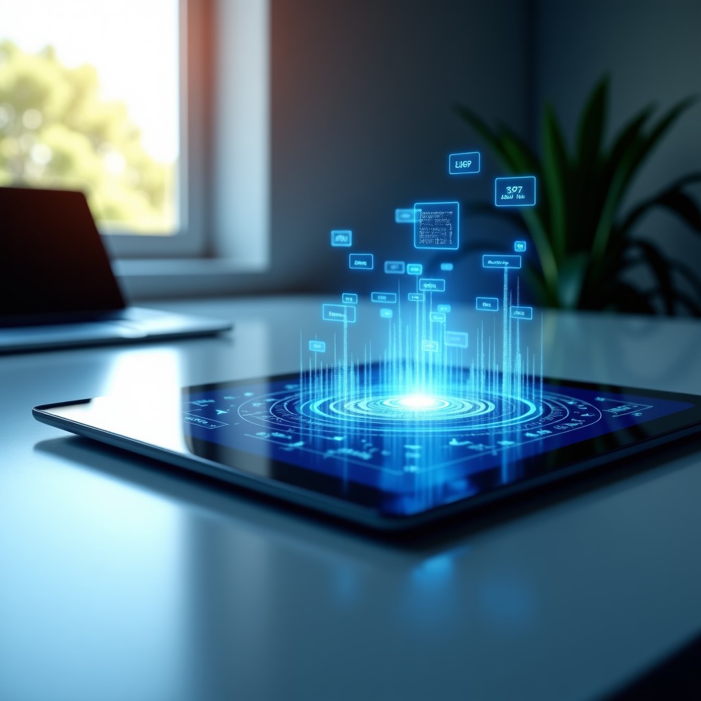 A sleek workspace with a digital tablet showing complex data patterns, abstract representation of intuitive decision making, bright and clean composition, 4:3 aspect ratio