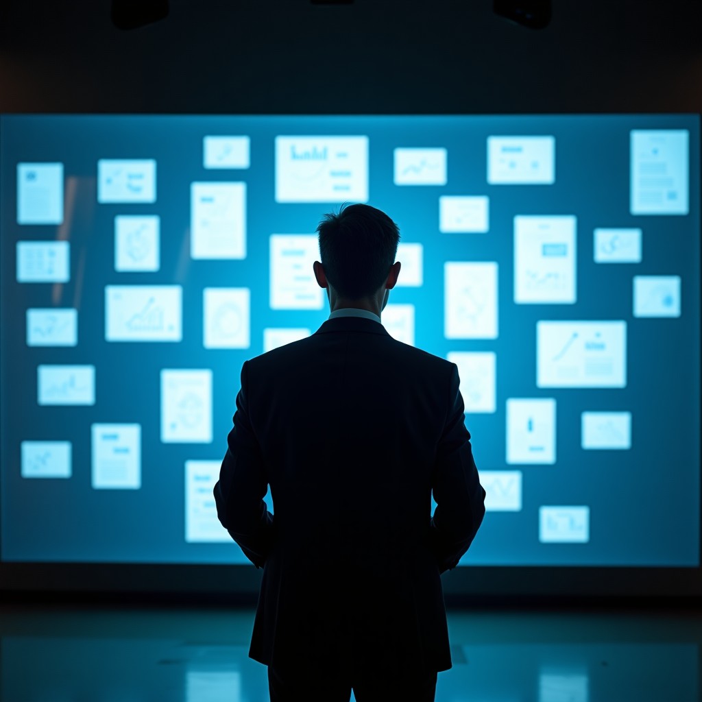A person looking at a glass wall covered in strategic notes, creative atmosphere, professional tone, focused lighting, 4:3 aspect ratio