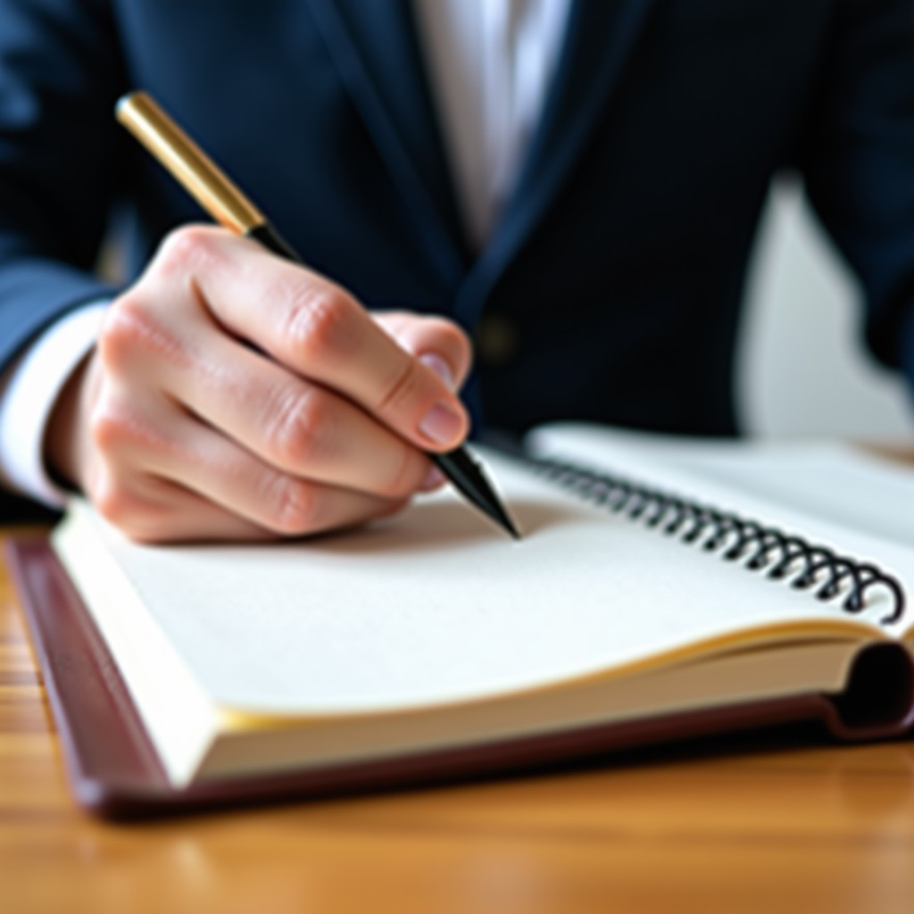 Close up of a professional hand taking notes in a leather notebook, high quality office stationery, desk with clean and organized look, 4:3 aspect ratio