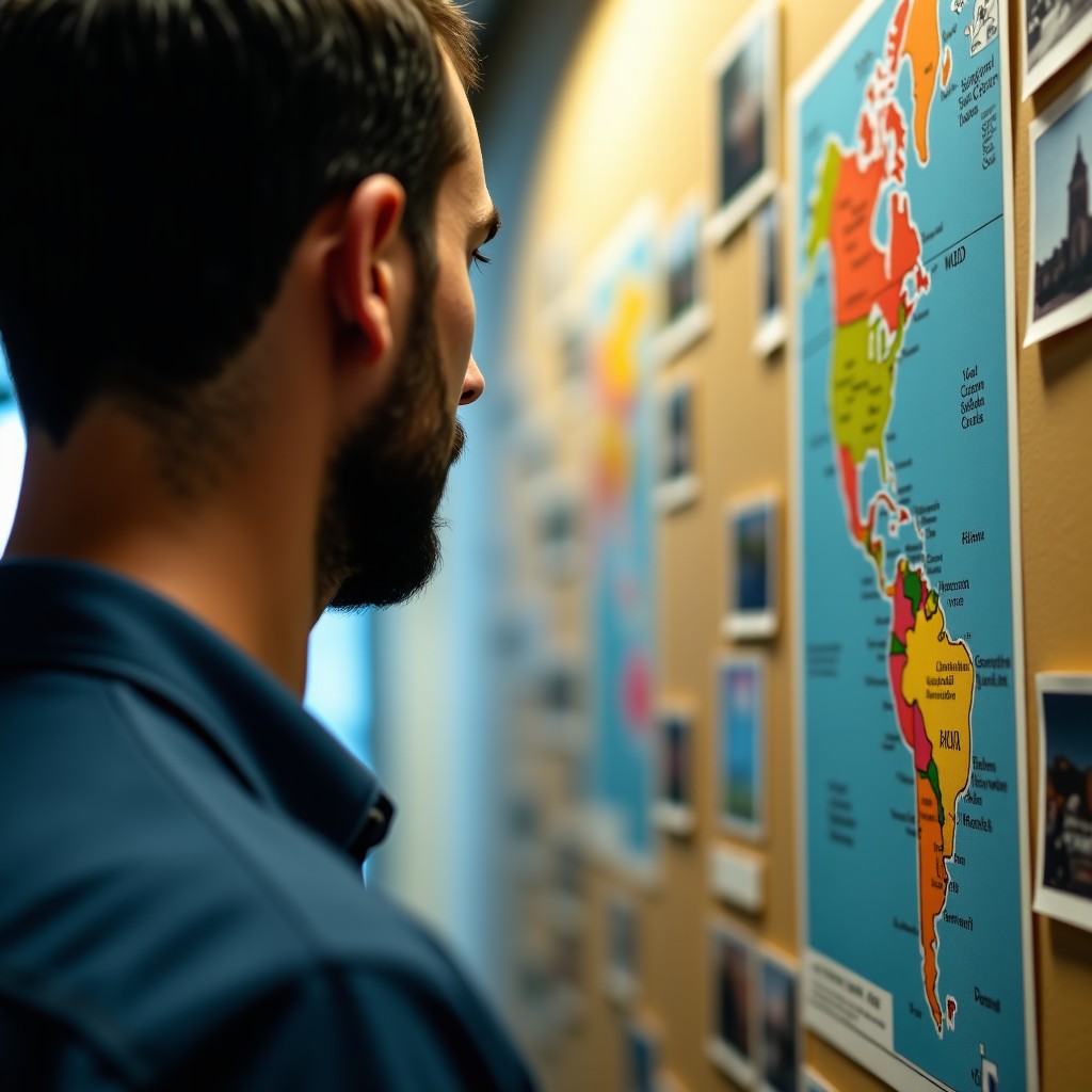 Close up of a man looking at a wall covered with maps and photographs, serious expression, dramatic lighting, office setting, 1:1