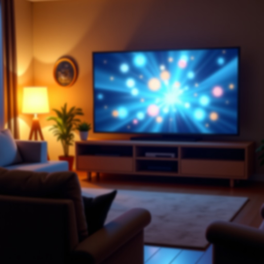 A cozy home living room with a large screen television, cinema atmosphere, blurred background, peaceful and satisfying vibe, 4:3