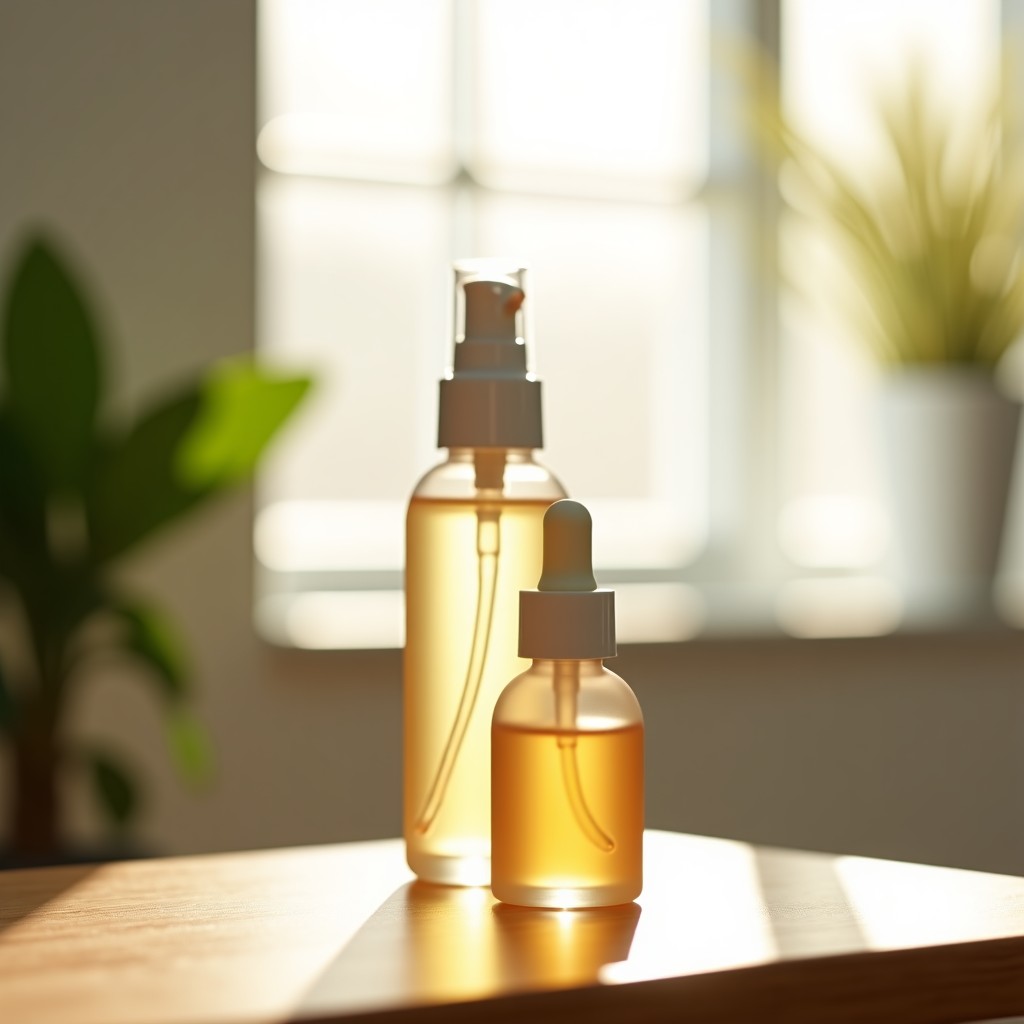 Skincare products including an ampoule and mist spray bottle on a wooden table with soft diffused morning light, clean and refreshing atmosphere, 4:3 aspect ratio