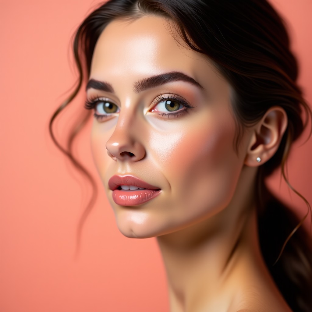 A portrait of a woman with natural glowing makeup and coral pink lips, soft focus background, elegant and clean beauty photography, 4:3 aspect ratio