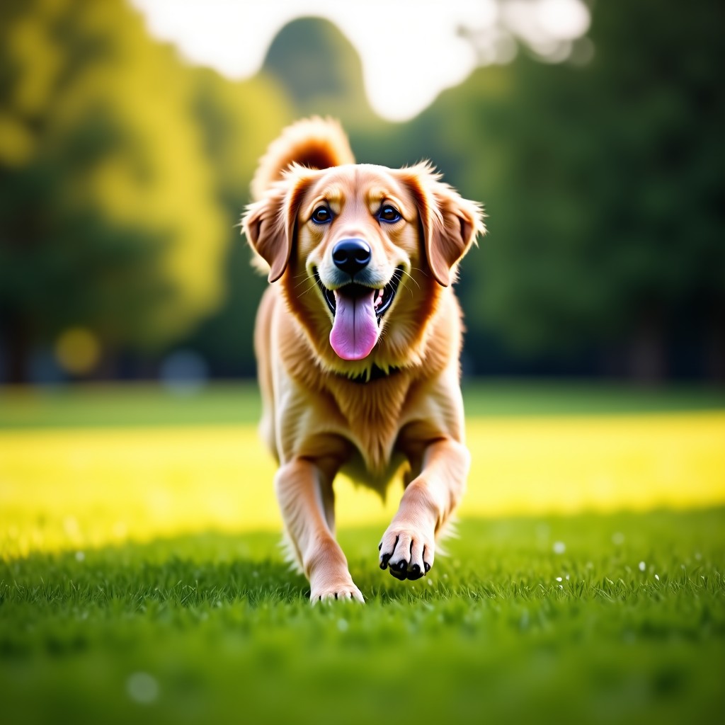 A wide-angle shot of a happy golden retriever running freely on a lush green lawn in a sunny park with soft natural lighting, high resolution, 4:3 aspect ratio