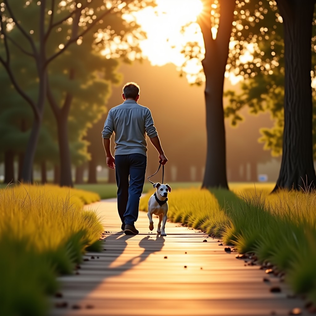 A medium shot of a dog owner and their small dog walking on a wooden path inside a well-maintained park, warm sunlight filtering through trees, realistic style, 4:3 aspect ratio