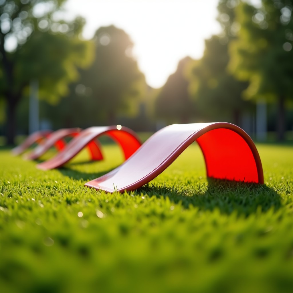 Close-up shot of various dog agility equipment like ramps and tunnels in a clean grassy park, bright outdoor lighting, modern park design, 4:3 aspect ratio