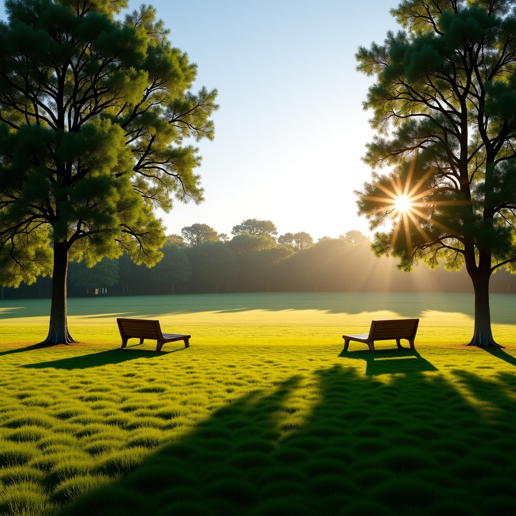 A wide panoramic view of a large, beautiful dog park in late afternoon, green grass, trees, and wooden benches, peaceful atmosphere, high quality, 4:3 aspect ratio