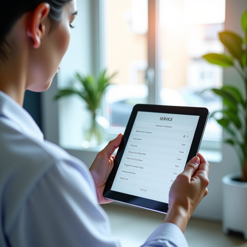 A professional skincare consultant tablet showing a service menu screen in a bright clinic, shallow depth of field, high quality, 4:3 aspect ratio