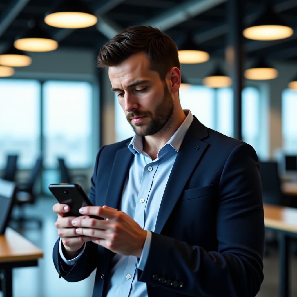 A man looking at a smartphone screen with a thoughtful expression in a bright modern office setting, professional attire, cinematic lighting, 4:3 aspect ratio