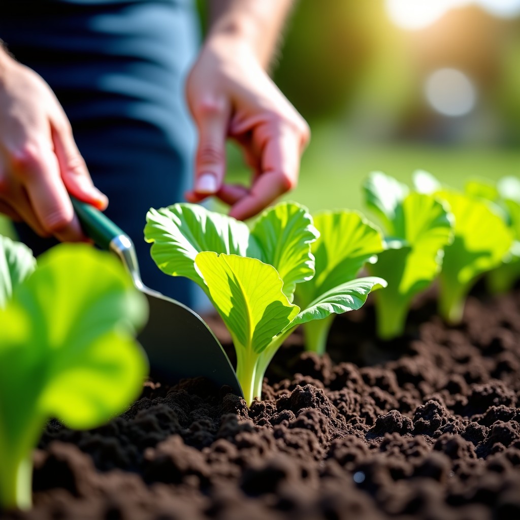 A professional gardener planting green lettuce seedlings into rich, moist dark soil, hands visible, garden trowel, sunny outdoor garden setting, high detail, 4:3 aspect ratio.