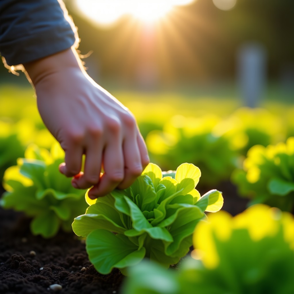 Close-up shot of a person picking outer leaves of lettuce from a vibrant garden patch, harvest time concept, organic farming, warm morning light, 4:3 aspect ratio.
