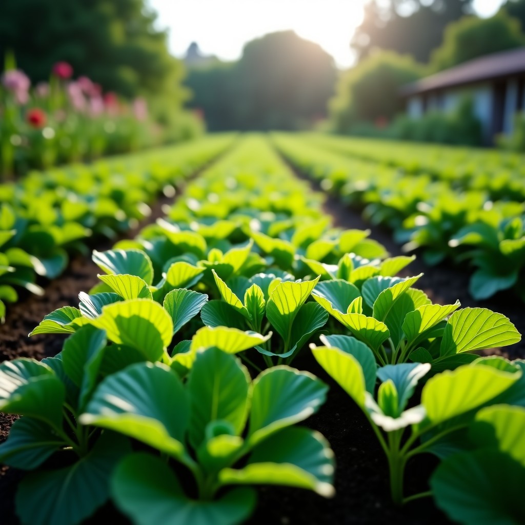 Wide angle shot of a thriving home vegetable garden with various green leafy vegetables, healthy growth, lush environment, high-quality lifestyle photography, 4:3 aspect ratio.