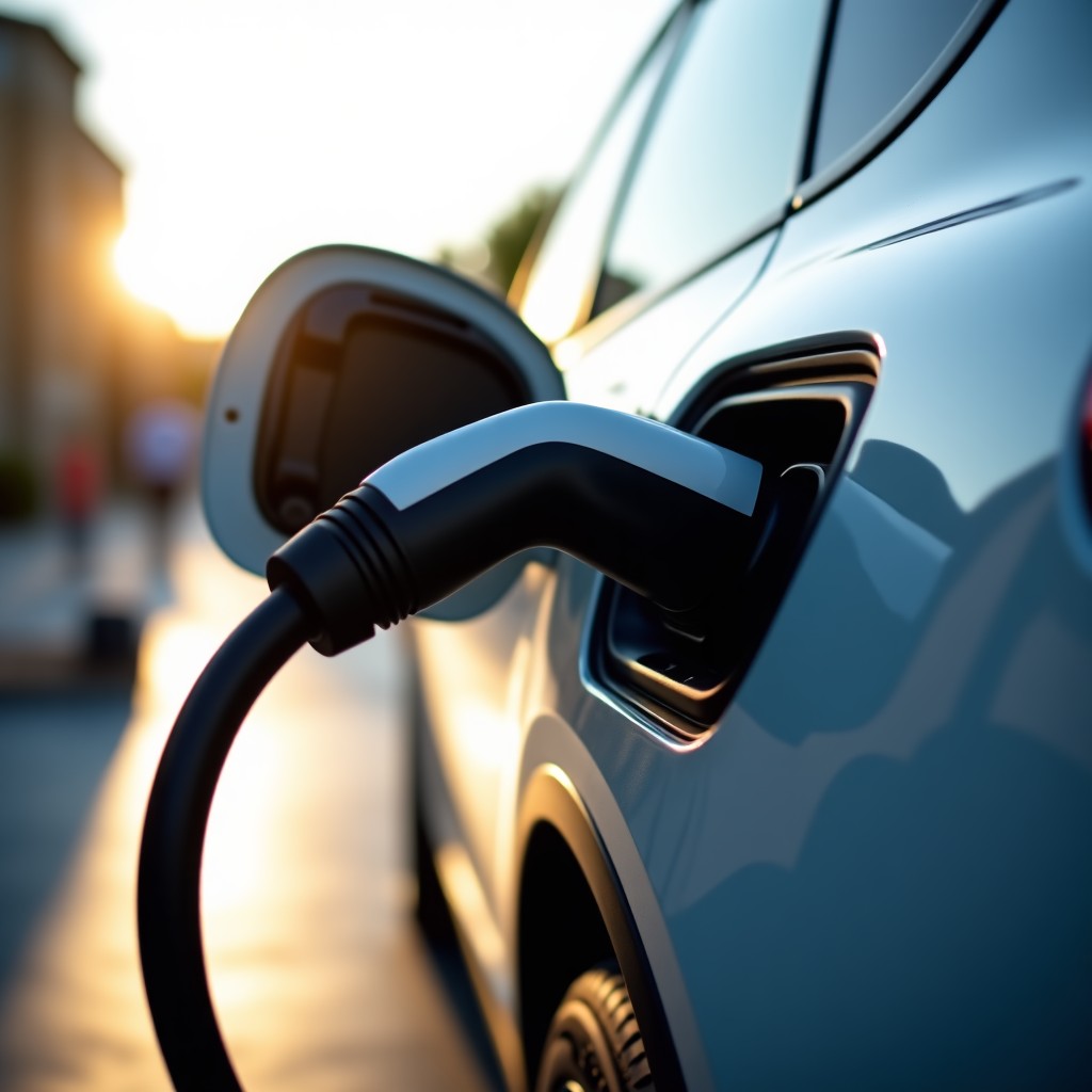 Close-up of a modern electric vehicle charging at a public charging station in a clean, professional aesthetic setting, soft sunlight, focus on the charging port and LED indicator, 4:3 aspect ratio