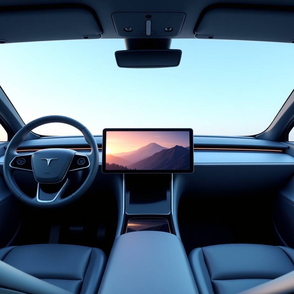 Interior of a futuristic electric car showing a large panoramic curved display and modern dashboard, clean aesthetic, atmospheric lighting, high tech cabin design, 4:3 aspect ratio