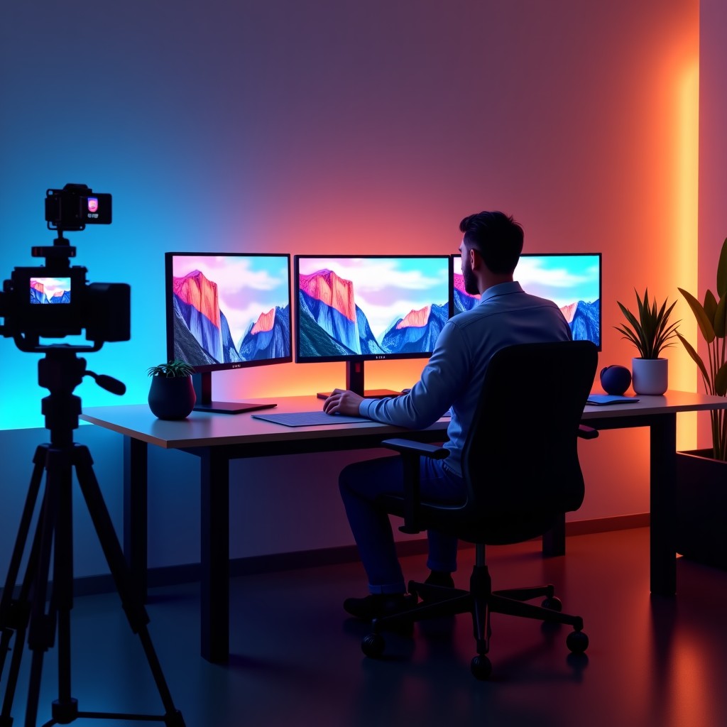 A professional content creator working on a sleek desk with multiple monitors and a camera setup in a modern studio, high quality, realistic, 4:3