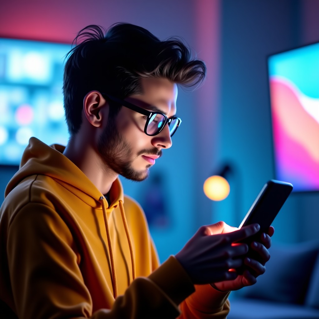 A content creator looking at a smartphone screen with mixed expressions, showing analytical data or a camera interface, vibrant lighting, modern interior, 4:3