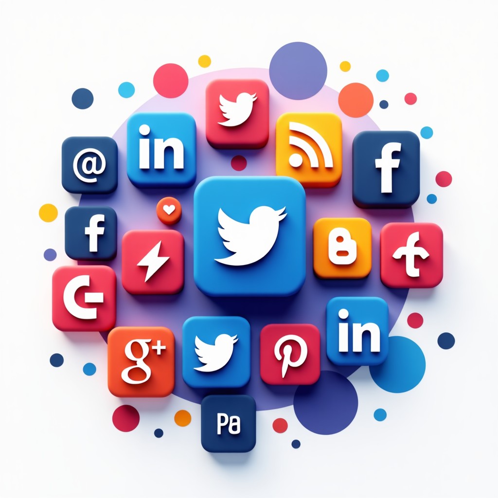 Digital marketing concept showing different social media platform logos merging in a modern abstract design, high contrast, clean workspace style, 4:3