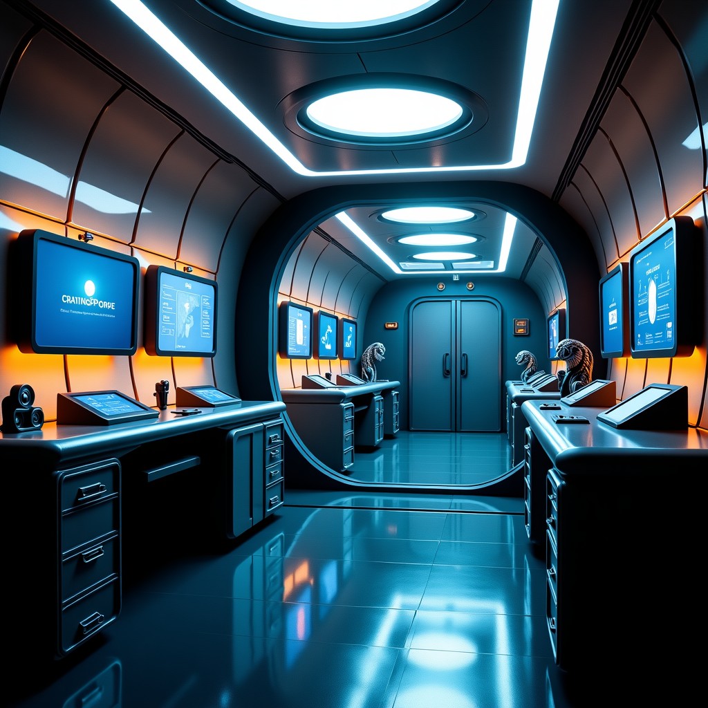 A futuristic interior of a spacecraft with advanced technological equipment, glowing lights, cinematic lighting, realistic style, 1:1 aspect ratio