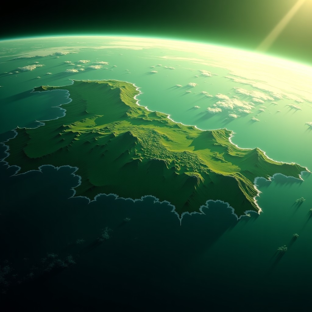 A breathtaking view of a green planet surface seen from space, vibrant colors, detailed topography, cinematic atmosphere, 4:3 aspect ratio