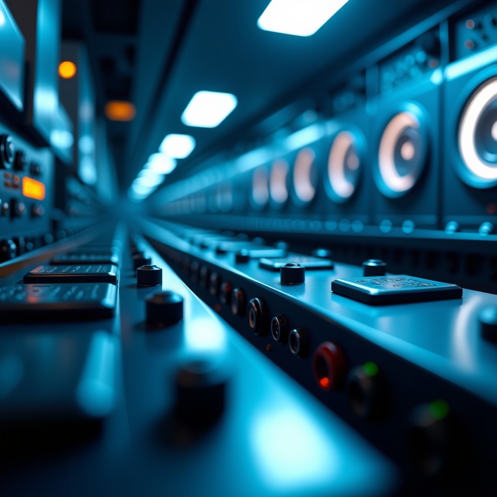 Close up shot of high tech scientific equipment in a space setting, clean and modern aesthetic, deep blue and metallic tones, realistic, 4:3 aspect ratio