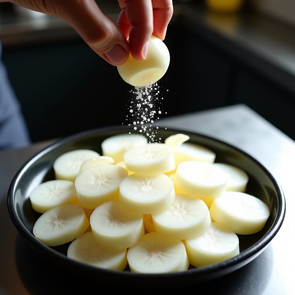 Thinly sliced white radish being seasoned with salt and sugar, cinematic lighting, top down view, professional kitchen environment, 4:3
