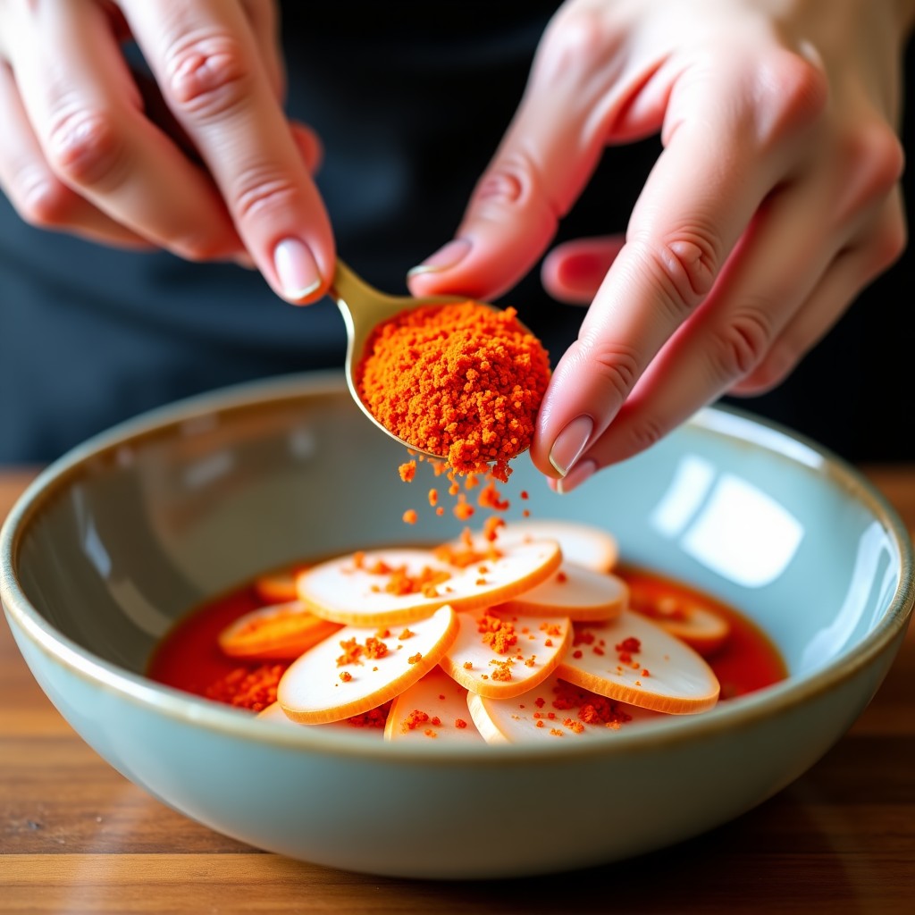 Mixing red chili powder and seasoning with white radish strips, hands in focus, vibrant colors, clean and aesthetic, 4:3