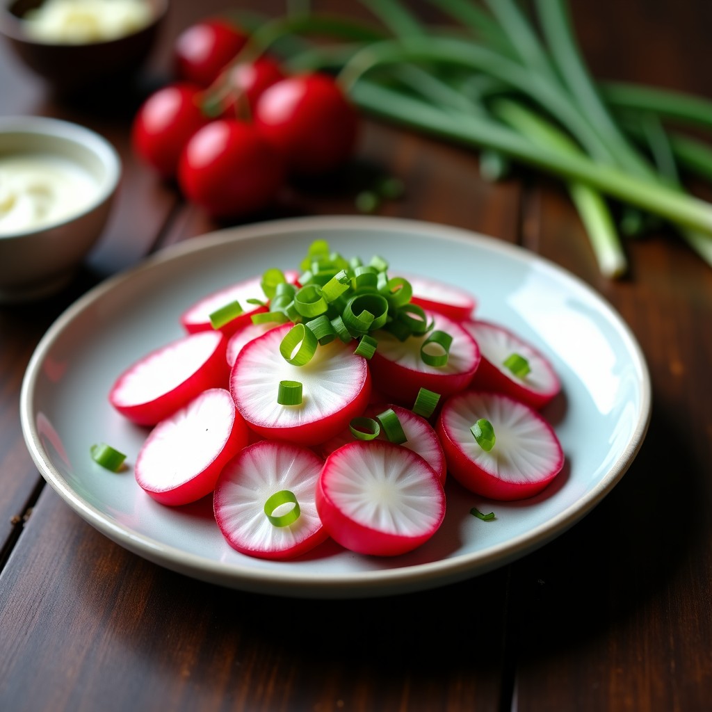 Beautifully plated radish salad on a dark wooden table, garnish with green onions, aesthetic, professional food photography, 4:3