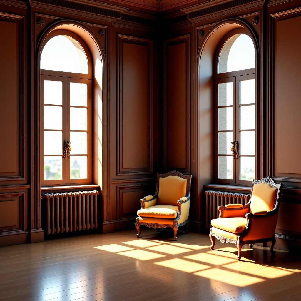 Antique luxury wooden furniture in a 19th-century royal reception room, intricate patterns, soft natural light from large windows, historical atmosphere, 4:3