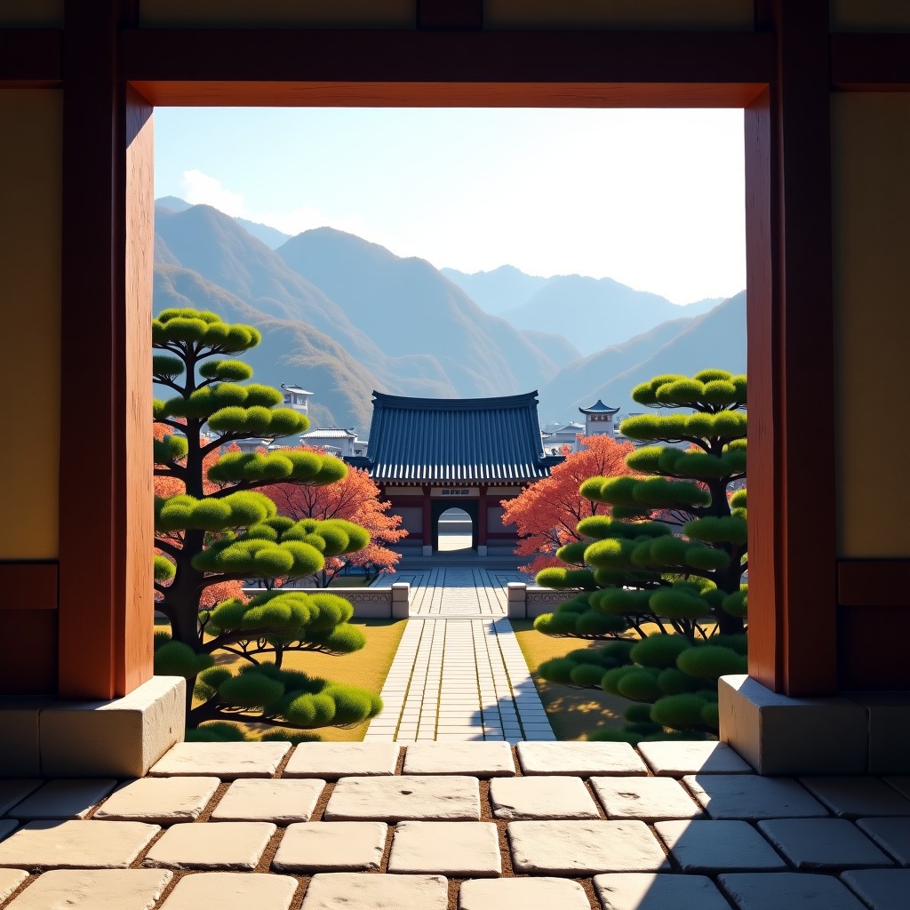 View from a historical stone balcony overlooking a traditional palace garden with pine trees and historical Korean buildings, autumn colors, sunny afternoon, 4:3