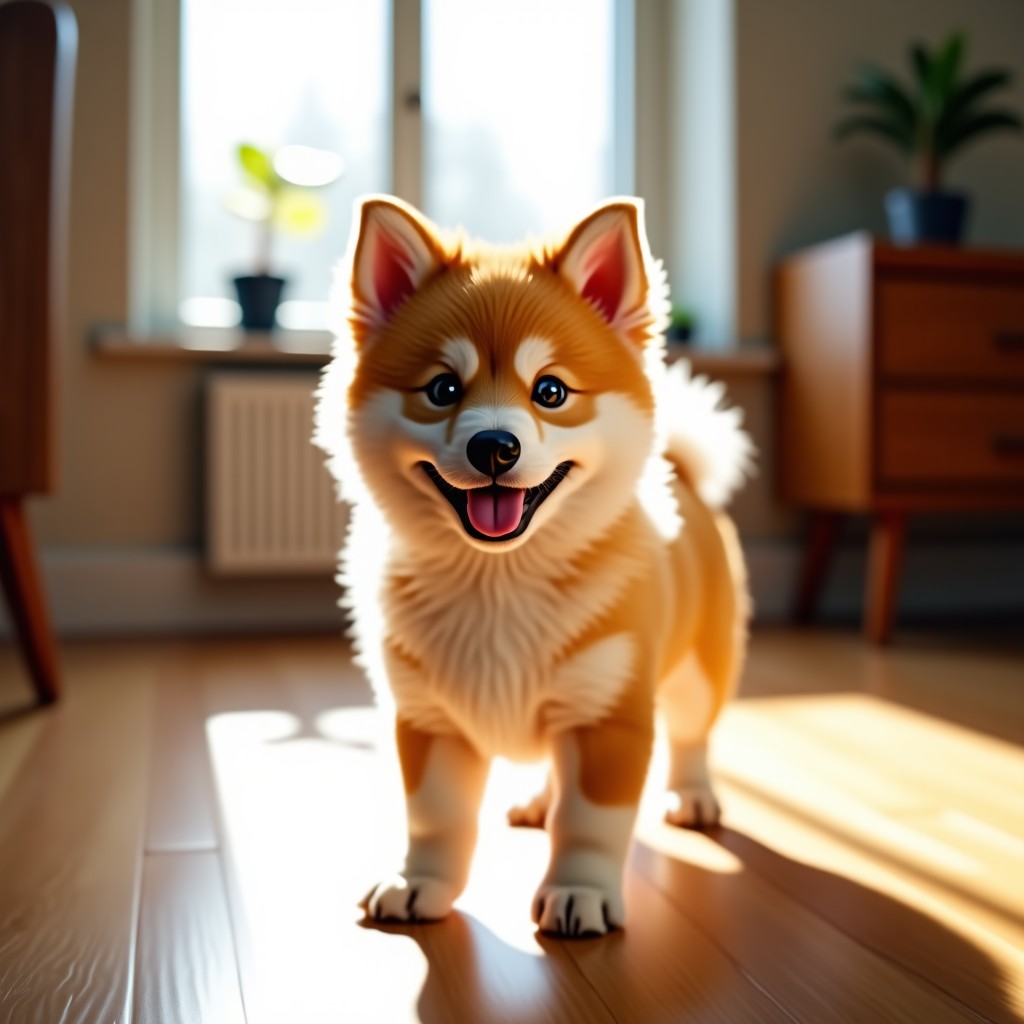 A cute fluffy Pomsky puppy standing on a wooden floor in a cozy room, soft natural sunlight coming through the window, high resolution, realistic photography, 4:3